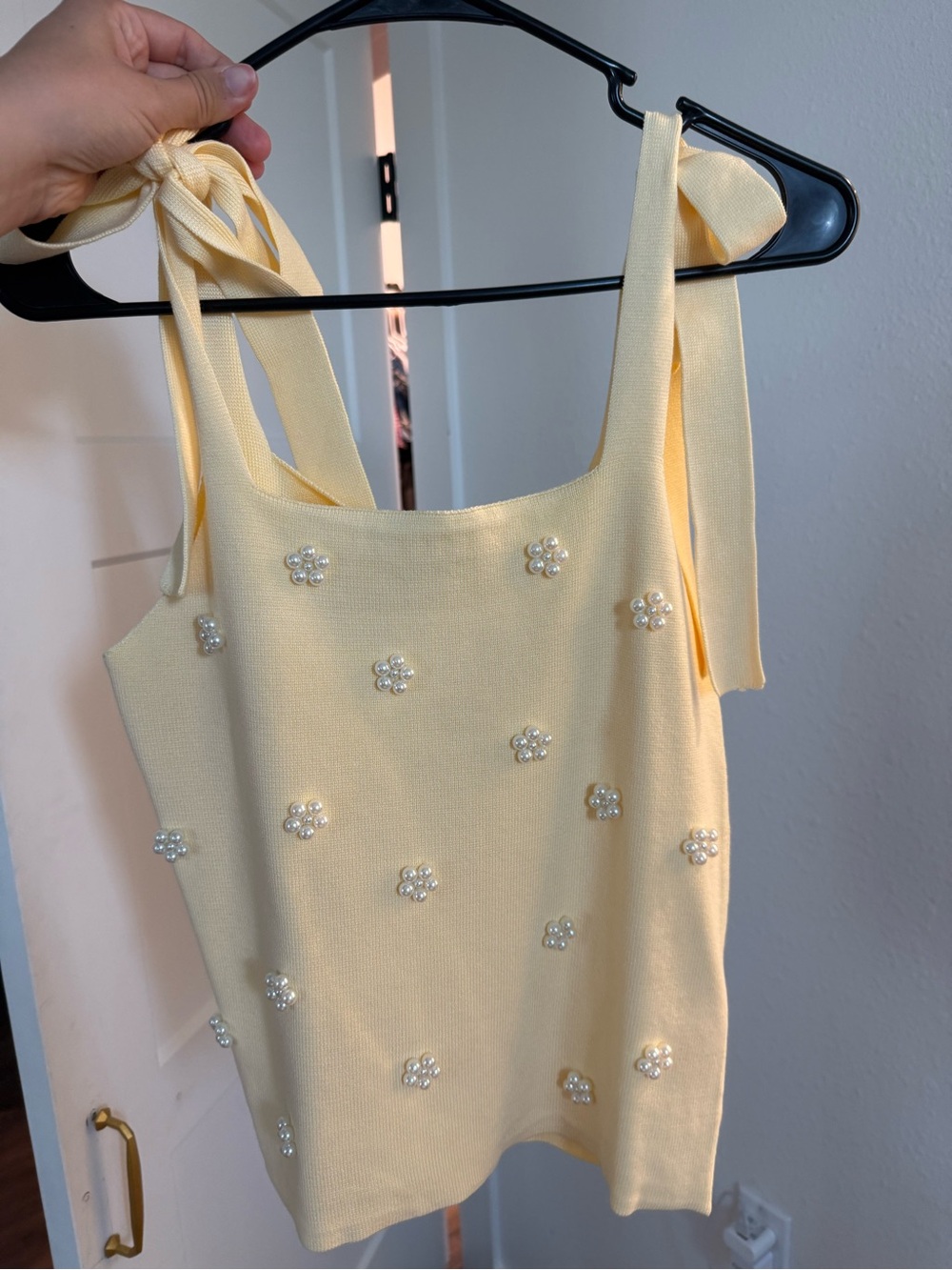 Francesca's Collections Pale Yellow Pearl-Embellished Tie-Shoulder Camisole